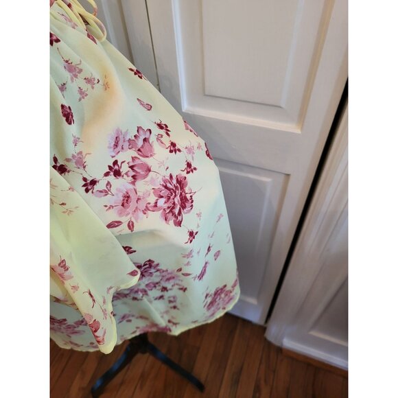 Yellow/Pink Floral Ruffle Blouse Flowy Butterflies sz L Cottage Fairy Coquette - Picture 6 of 8